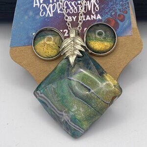 Acrylic skin pendant and stud earrings.